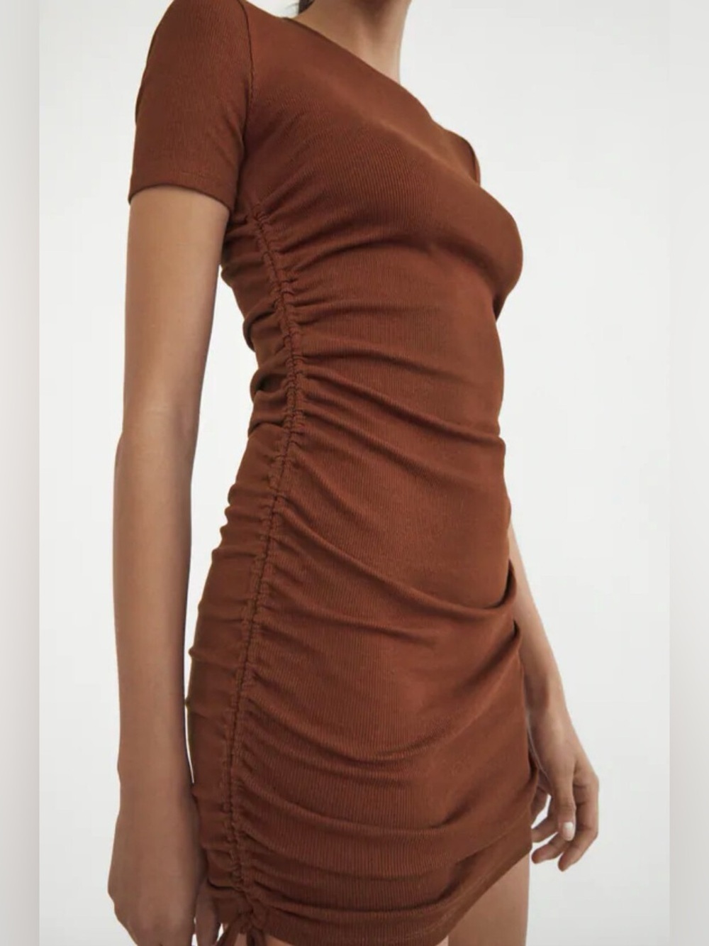 Zara NWT Ruched Short Sleeve Bodycon Dress in Brown